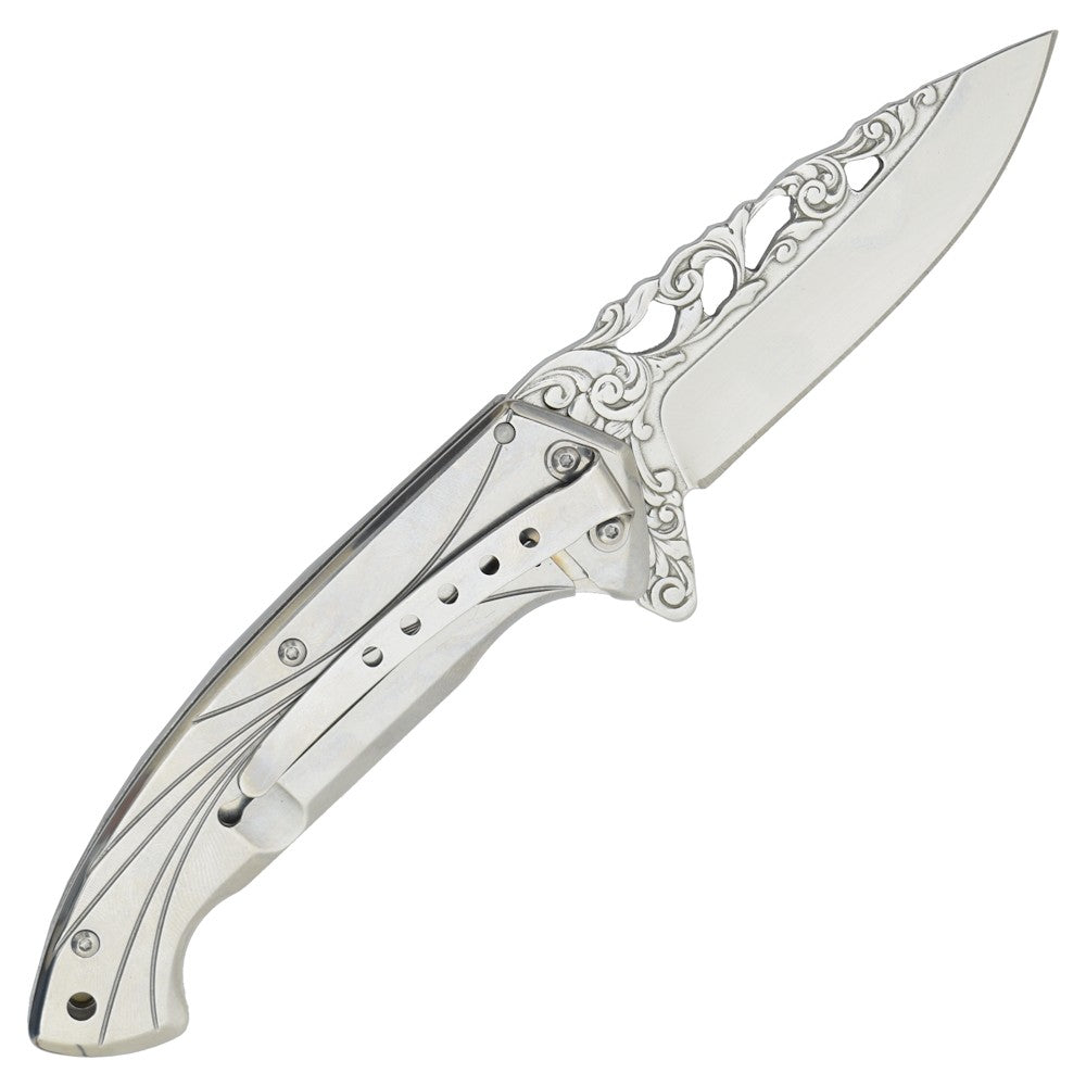 Coltello Tascabile Con Apertura Assistita Disegno Lupi Decori della Lama in Rilevo