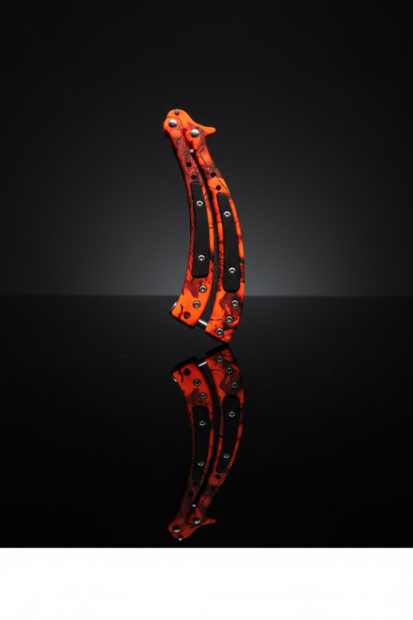 Butterfly Curved Orange Fluo – Vista chiusa, sfondo scuro specchio