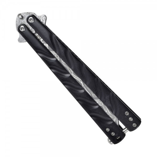 Coltello Butterfly Lama In Acciaio Damascata, Manico in Metallo Nero
