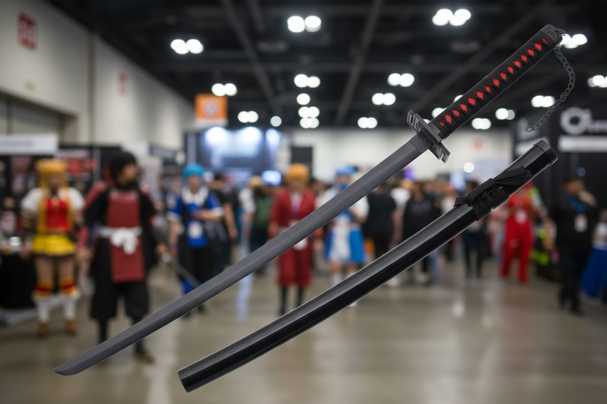 Katana Zangetsu in primo piano con sfondo convention cosplay