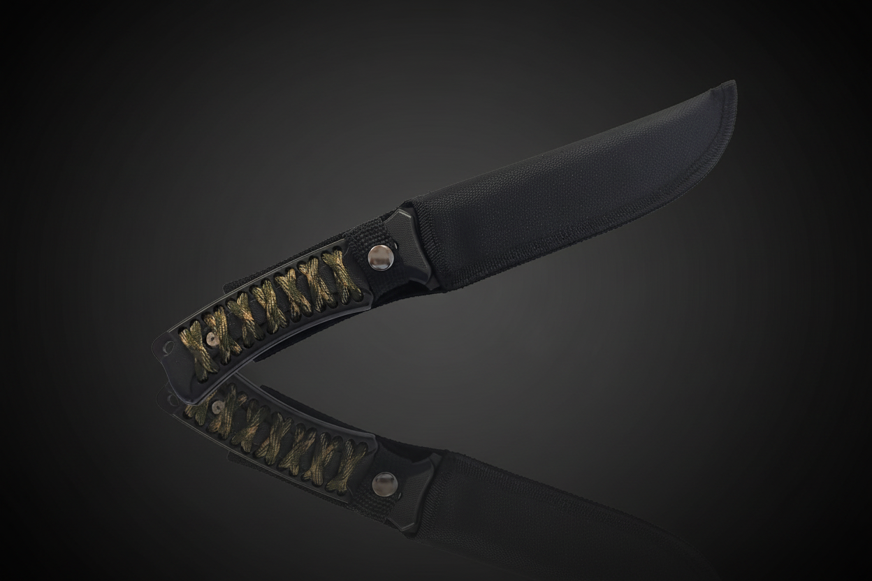Coltello survival Black Viper nel fodero in Cordura nera con attacco cintura – impugnatura ABS con cordura mimetica intrecciata antiscivolo visibile – sfondo scuro con piano a specchio