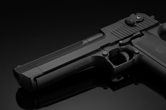 Double Bell Desert Eagle 779S - dettaglio canna e carrello con serrations su sfondo scuro piano a specchio