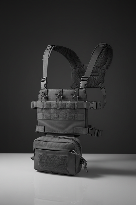 Pettorina tattica softair Big Foot R Assault Chest Rig Grigio - vista 3/4 con sistema MOLLE e tasca utility su sfondo scuro piano a specchio