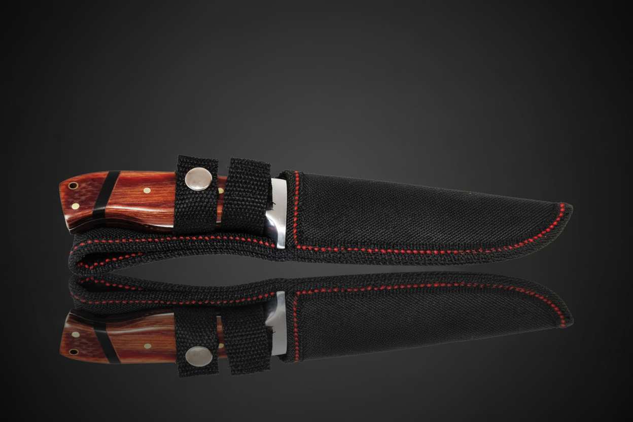 Couteau à lame fixe avec manche en bois naturel brun-rouge inséré dans sa gaine en Cordura noire avec couture rouge et clip de ceinture – fond sombre avec effet miroir