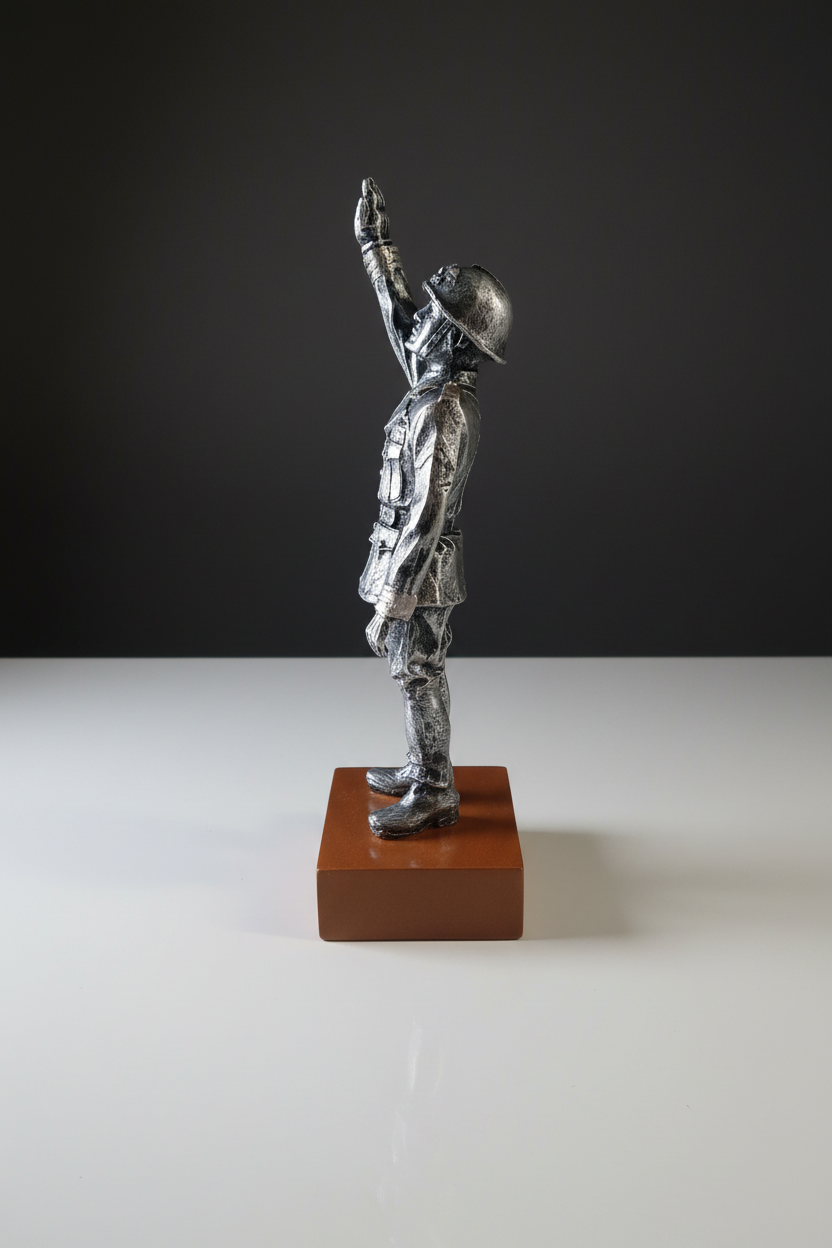 Statuetta Benito Mussolini saluto romano in resina argentata - vista laterale