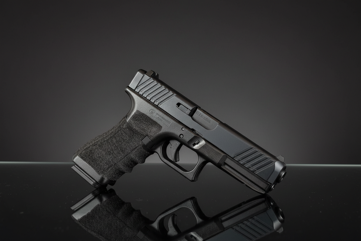 Pistola airsoft Huntsman V17 TTI nera su sfondo scuro e piano a specchio