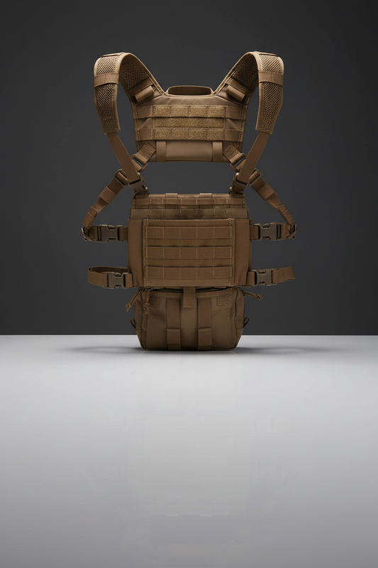 Pettorina tattica softair Big Foot R Assault Chest Rig Tan - vista posteriore con pannello MOLLE e tasca utility su sfondo scuro piano a specchio