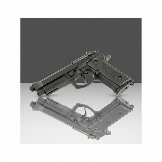 Pistola softair a gas M9 Vertec Blowback nera - vista laterale destra su sfondo scuro piano a specchio