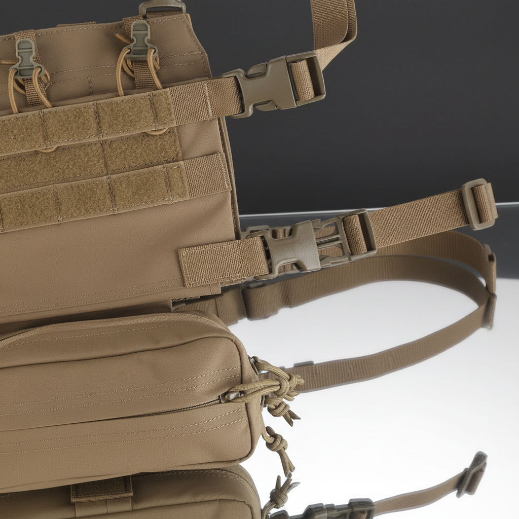 Pettorina tattica softair Big Foot R Assault Chest Rig Tan - dettaglio fibbie sgancio rapido e sistema MOLLE su sfondo scuro piano a specchio