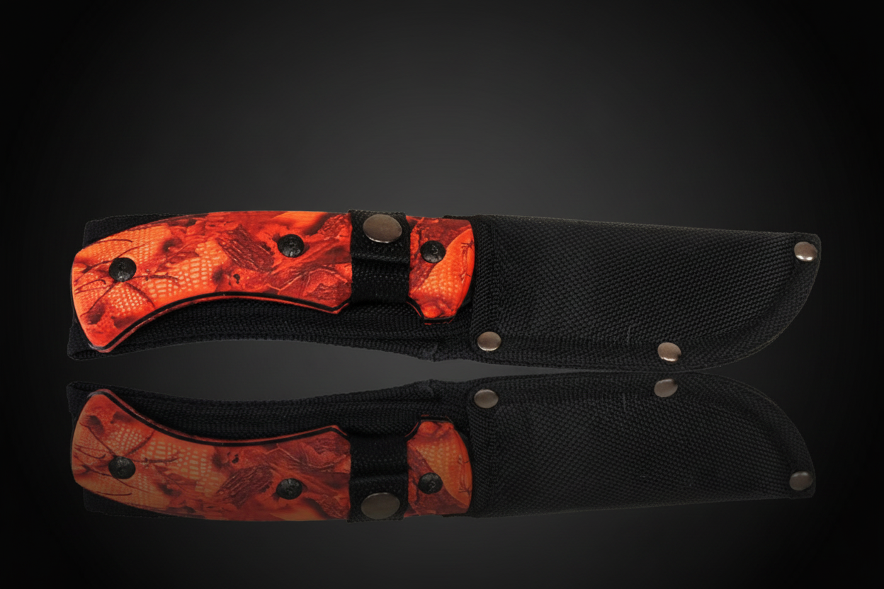 Fixed blade Skinner hunting knife with orange camouflage ABS handle fully inserted in black Cordura sheath with belt attachment – dark background with mirror effect