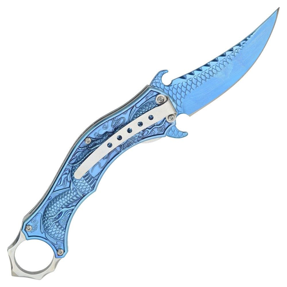 Coltello Karambit Dragon Blu Apertura Lama Assistita Impugnatura in Alluminio