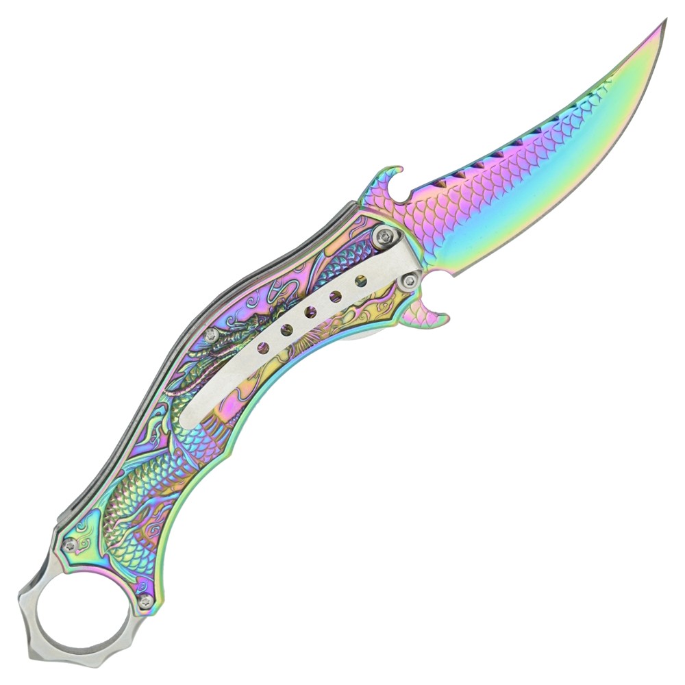 Coltello Karambit Dragon Rainbow Apertura Lama Assistita Impugnatura in Alluminio