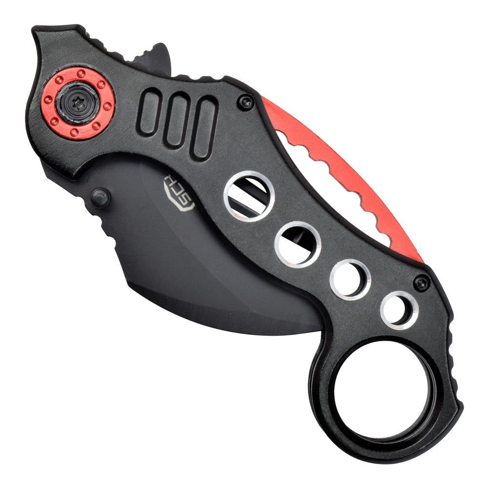 Coltello Karambit nero-rosso Apertura Lama Assistita Impugnatura in Alluminio