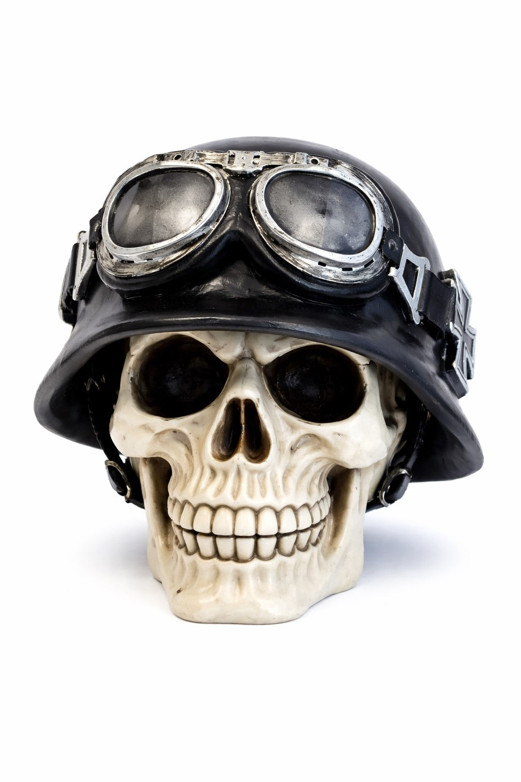 Teschio Militare Tedesco WWII con Casco e Occhiali da Motociclista | Replica in Resina | 13x15x14 cm