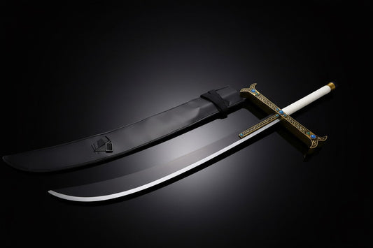 Dracule Mihawk sword replica from One Piece – curved steel blade with golden brass crossguard and blue gemstones, black ecopelle scabbard on dark background
