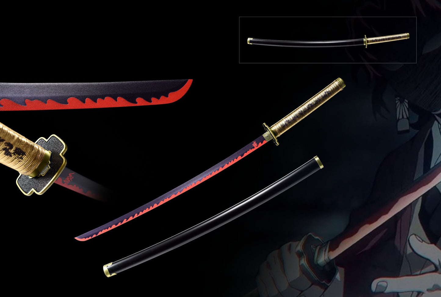 Katana Yoriichi Tsugikuni – Demon Slayer, lama nera con fiamme rosse, tsuba dorata