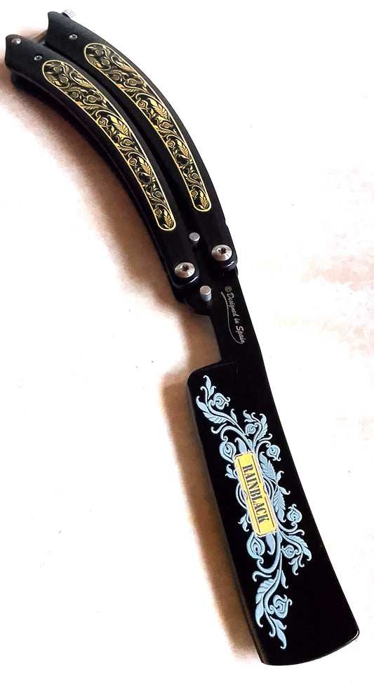Coltello Butterfly Rasoio, completamente in acciaio, disegni in rilevo