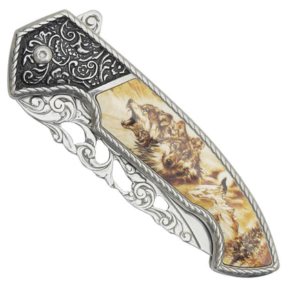 Coltello Tascabile Con Apertura Assistita Disegno Lupi Decori della Lama in Rilevo