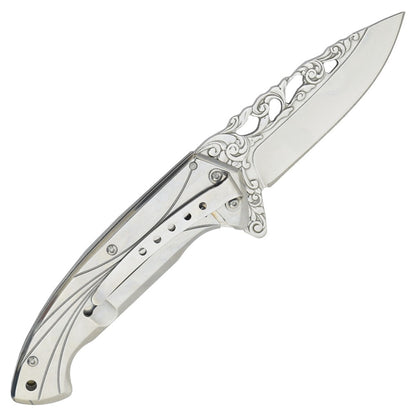 Coltello Tascabile Con Apertura Assistita Disegno Lupi Decori della Lama in Rilevo