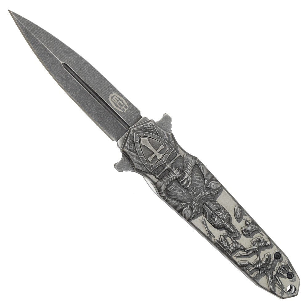 Coltello Stiletto Tascabile Con Apertura Assistita Disegno Cavaliere Templare