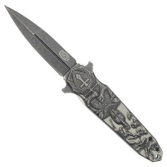 Coltello Stiletto Tascabile Con Apertura Assistita Disegno Cavaliere Templare
