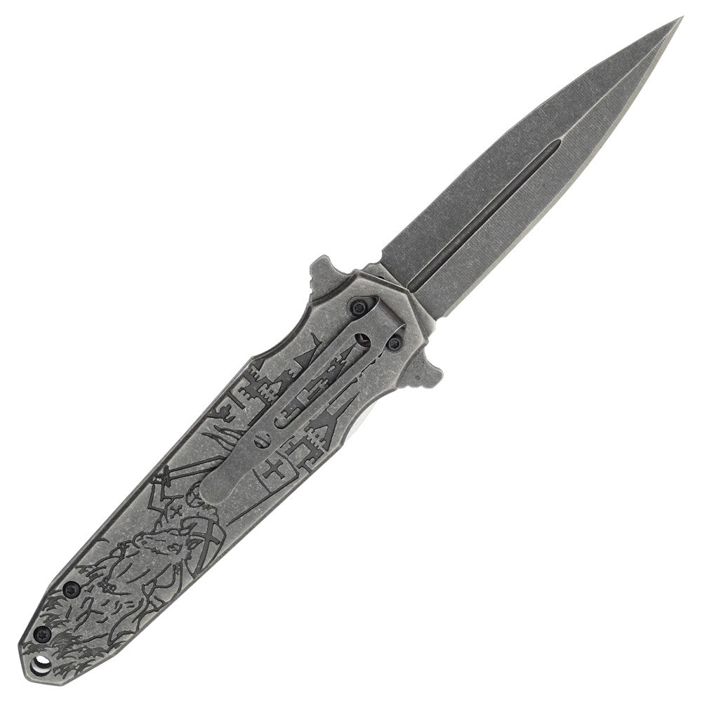 Coltello Stiletto Tascabile Con Apertura Assistita Disegno Cavaliere Templare