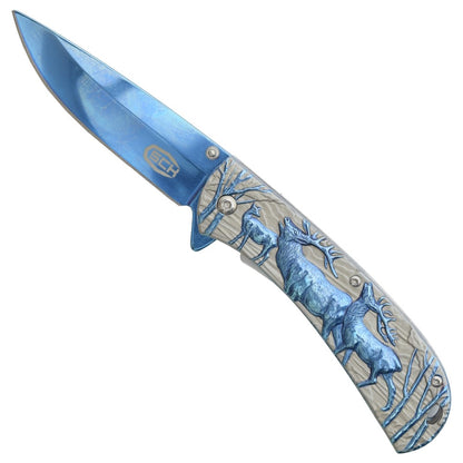 Coltello Tascabile Con Apertura Assistita Disegno Cervi In Rilevo Colore blu