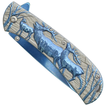 Coltello Tascabile Con Apertura Assistita Disegno Cervi In Rilevo Colore blu
