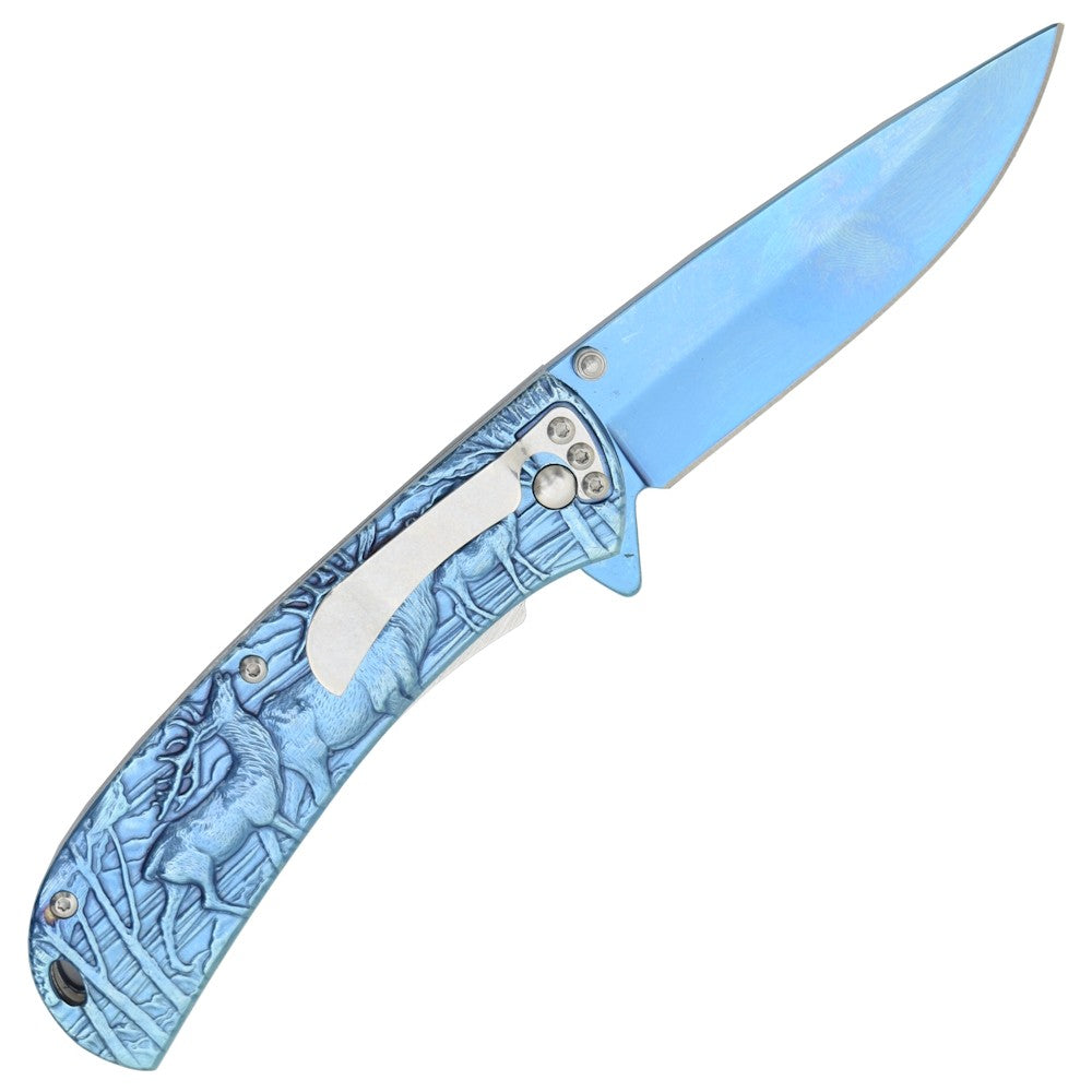 Coltello Tascabile Con Apertura Assistita Disegno Cervi In Rilevo Colore blu