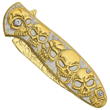 Coltello Tascabile Con Teschi Dorato, Apertura Assistita