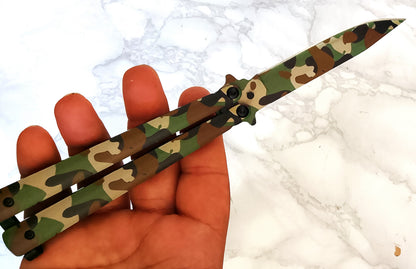 Coltello Butterfly Mimetico — Lama e Impugnatura in Acciaio — 22 cm Totale