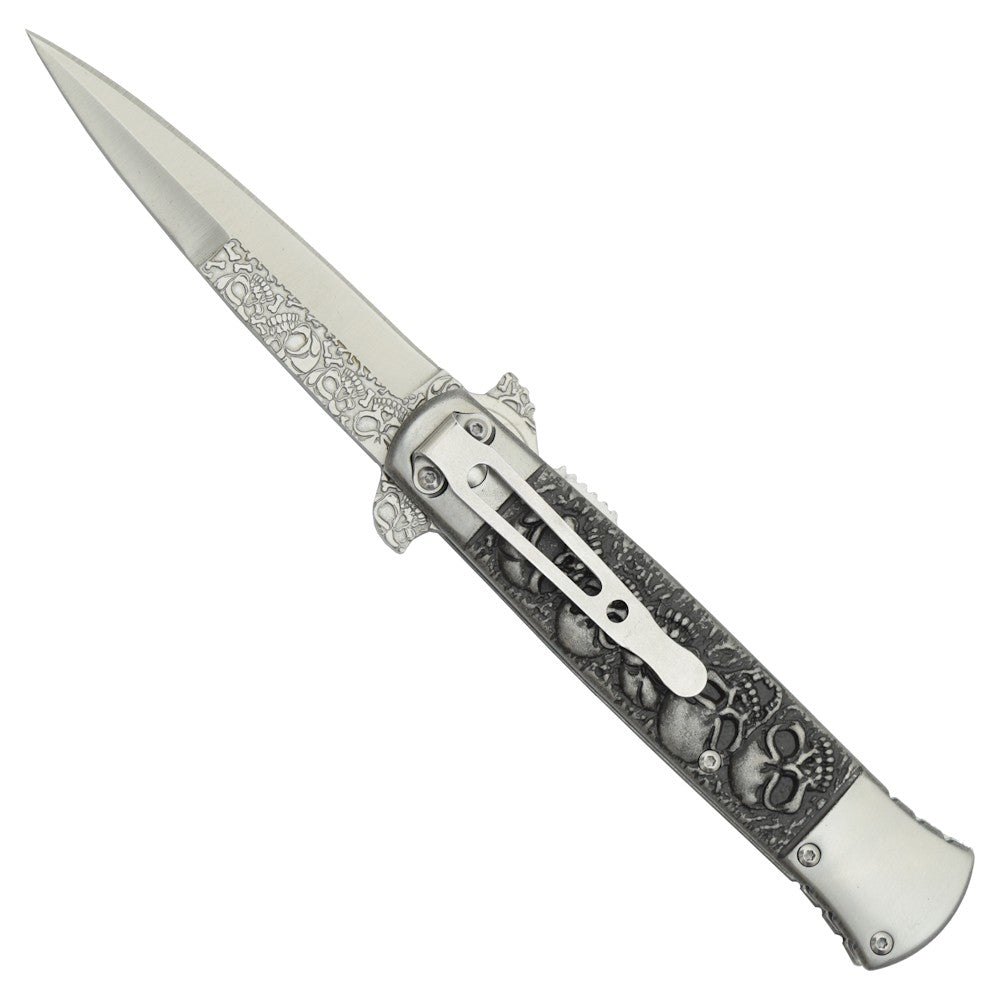 Coltello Stiletto Con Teschi Tascabile, Apertura Assistita