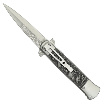 Coltello Stiletto Con Teschi Tascabile, Apertura Assistita