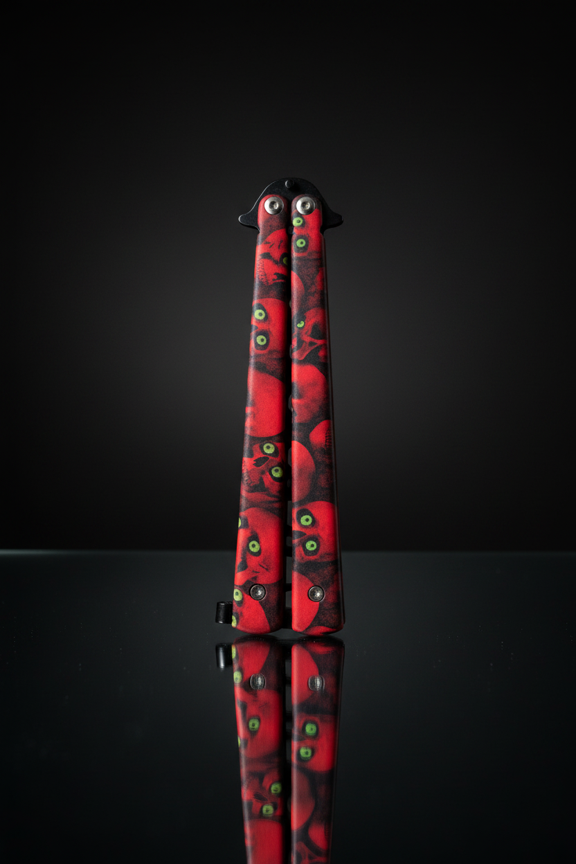 Butterfly Knife chiuso – Vista frontale, sfondo scuro specchio