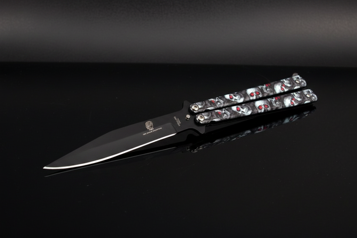 Butterfly Knife Grey-White Skull – Foto reale, sfondo scuro specchio