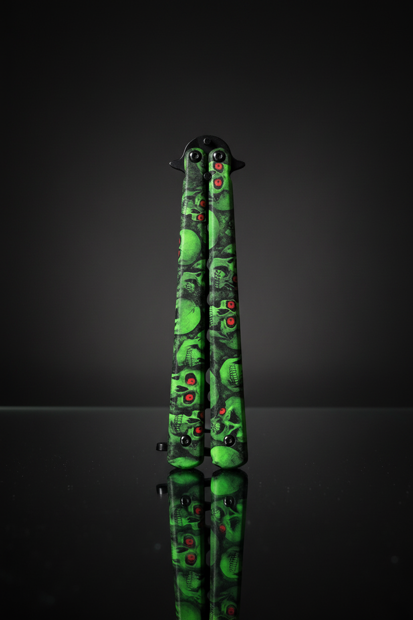 Butterfly Knife Verde-Nero Skull chiuso – Sfondo scuro specchio