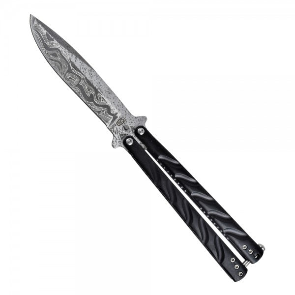 Coltello Butterfly Lama In Acciaio Damascata, Manico in Metallo Nero