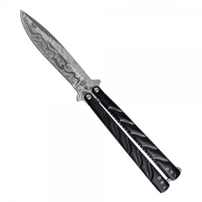 Coltello Butterfly Lama In Acciaio Damascata, Manico in Metallo Nero