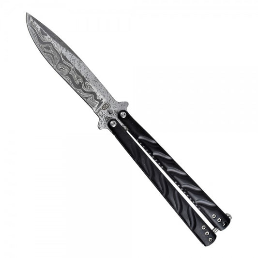 Coltello Butterfly Lama In Acciaio Damascata, Manico in Metallo Nero