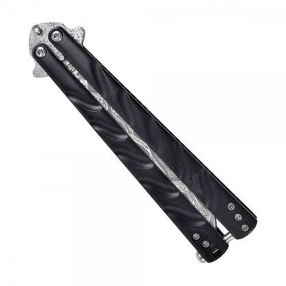 Coltello Butterfly Lama In Acciaio Damascata, Manico in Metallo Nero