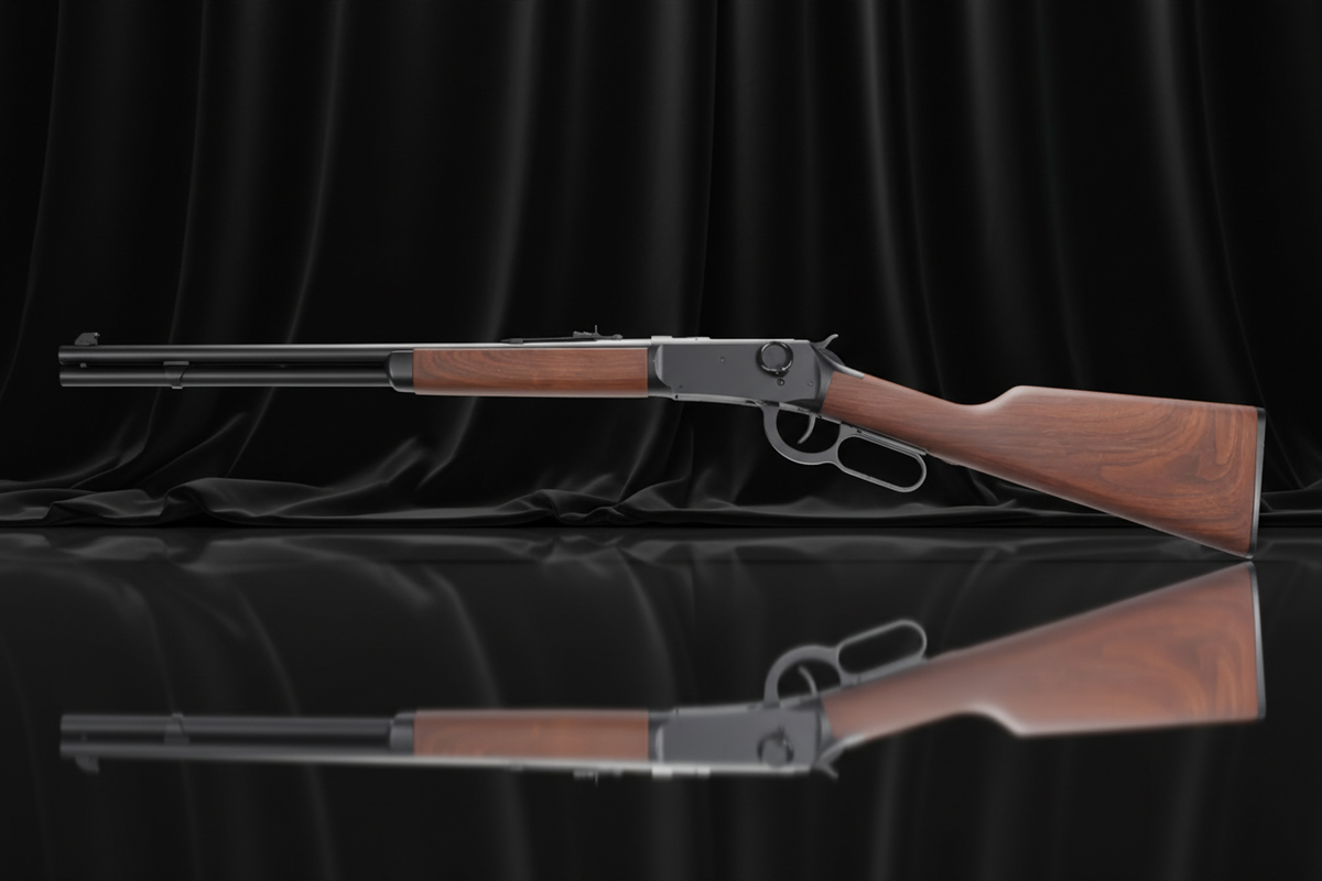 Double Bell Winchester M1894 – Vista laterale, sfondo scuro specchio