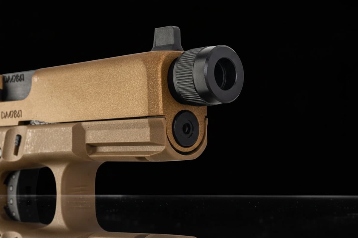 Glock G19X – Dettaglio canna e silenziatore sfondo nero