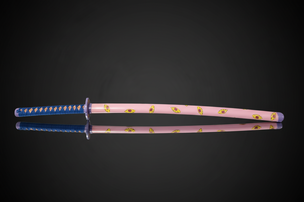 Replica cosplay katana Kokushibou Demon Slayer con fodero in legno rosa decorato con motivi floreali gialli e occhi – impugnatura blu con avvolgimento a diamanti e tsuba lilla – sfondo scuro con piano a specchio
