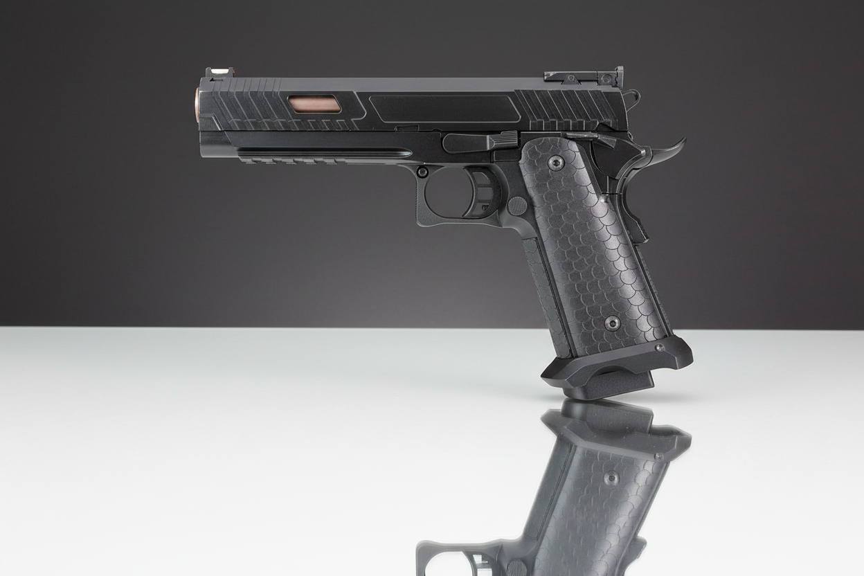 Pistola airsoft JW3 Baba Yaga Hi-Capa vista laterale su sfondo scuro piano a specchio