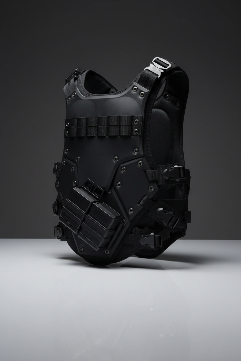 Gilet tattico softair Big Foot Transformers nero vista 3/4 su sfondo scuro piano a specchio