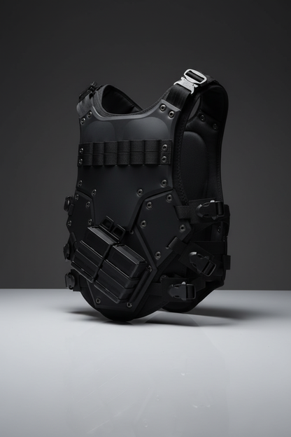 Gilet tattico softair Big Foot Transformers nero vista 3/4 su sfondo scuro piano a specchio