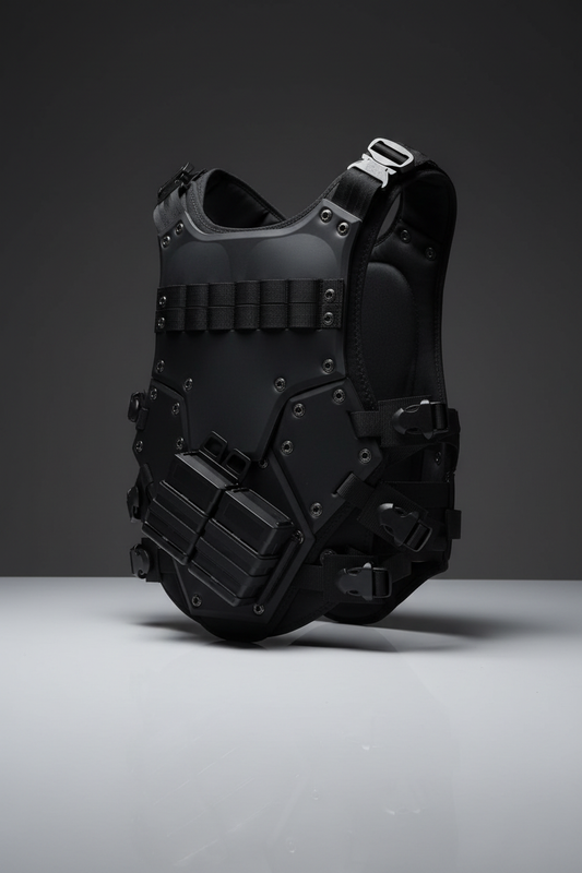 Gilet tattico softair Big Foot Transformers nero vista 3/4 su sfondo scuro piano a specchio
