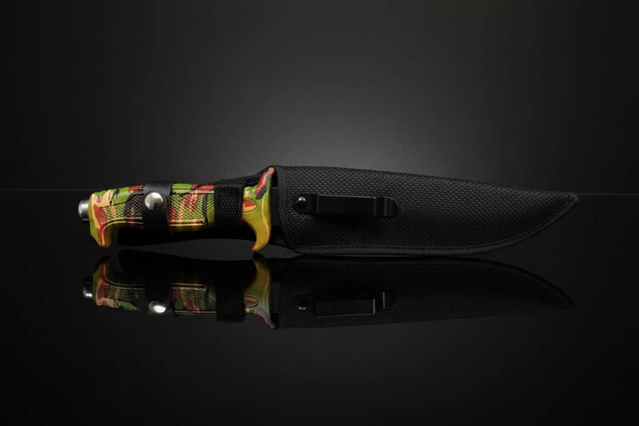 Couteau militaire de chasse Marines The Cuba dans son fourreau Cordura noir – manche camouflage – fond sombre avec effet miroir