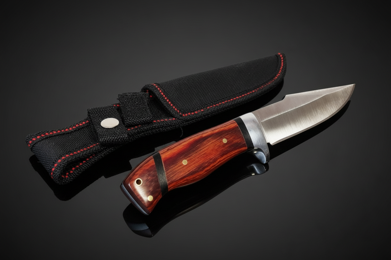 Jagdmesser mit festem Blatt und echtem braunem Holzgriff neben schwarzer Cordura-Scheide mit roter Naht – dunkler Hintergrund mit Spiegeleffekt
