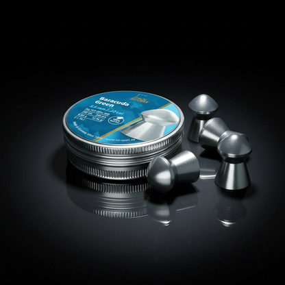 H&N Sport Baracuda Green piombini senza piombo 5,5mm 200pz su sfondo scuro con piano a specchio